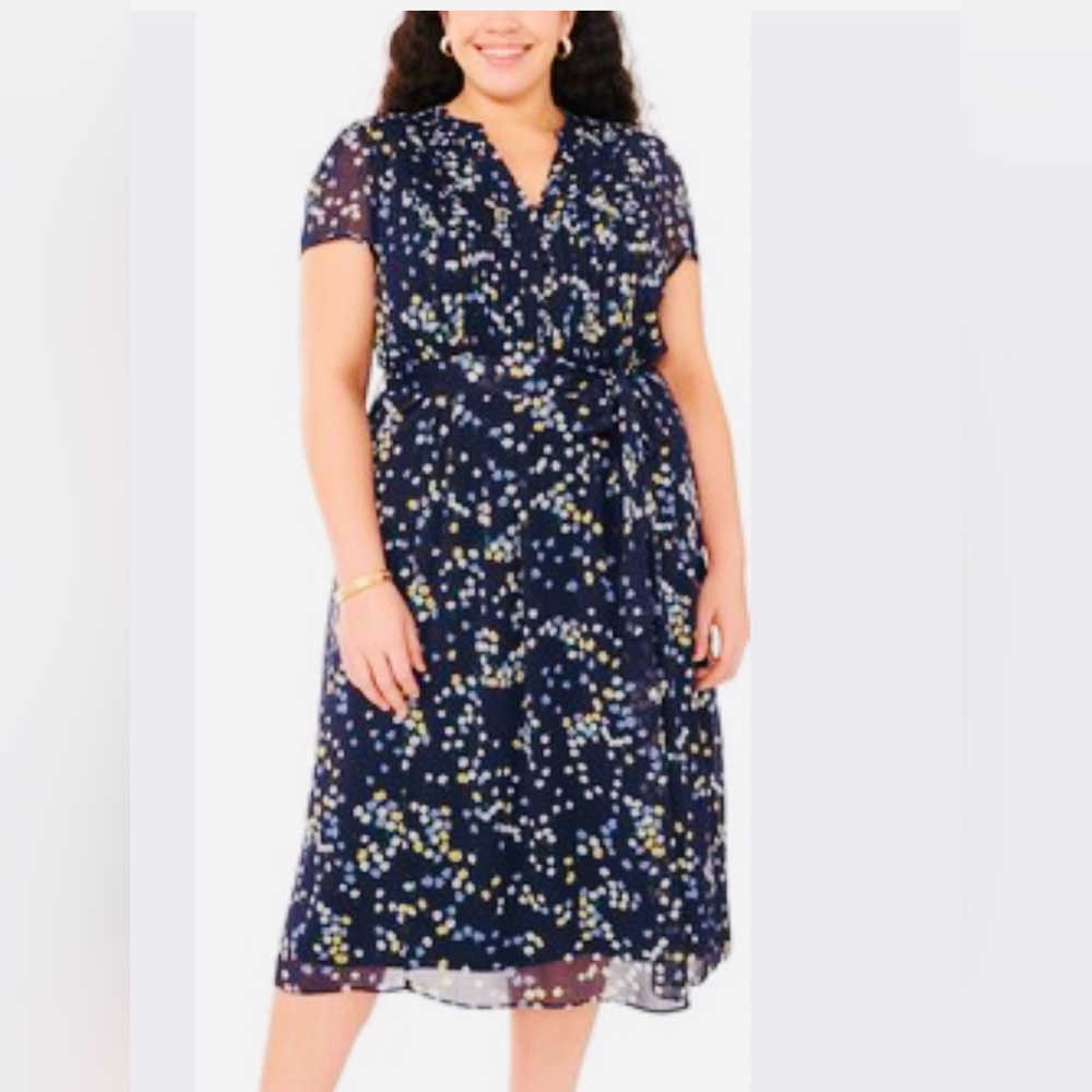 MSK Blue Floral Pintuck Midi Dress Plus Size NWT